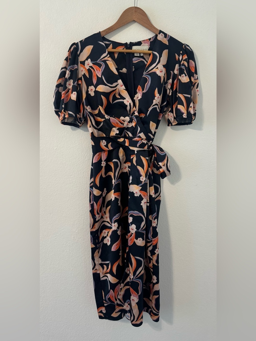 SACHIN & BABI Casey Navy Floral-Print Flared Dress Midi Puff Sleeves ASO Sz 4